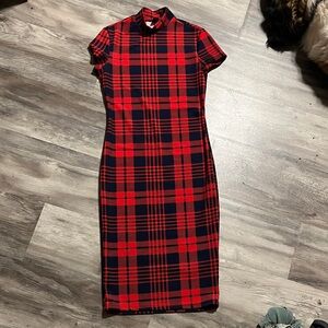 SHEIN Red and Black Plaid Midi Dress